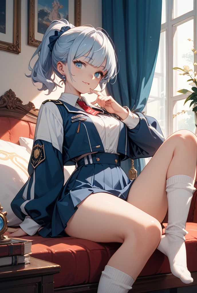 Top quality, masterpiece, High resolution, (whole body), front, Symmetric, Mature , alone, (whole body from head to toe), Small breasts, Long Hair, slightly Messy Hair, (Fishnet tights), (composition where she is made to sit and lift her foot and make her foot open), (Fold your arms in front of your chest), composition Showing white panties, slender beautiful foot, Very beautiful 17 year old girl (No shoes) foot), Blushing, Shy big eyes, Messy Hair, looking at the camera, Showing white panties, White frilly lingerie, High Blazer, High school uniform white blouse, High with blue ribbon, High length with short check pattern and navy pleated skirt
