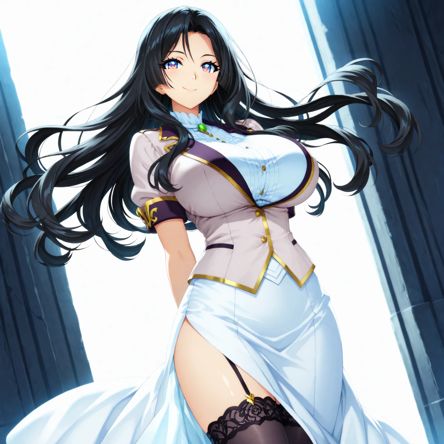 High detailed, kimtag, 1 girl, violet eyes, purple tones colored hair, wavy long hair, busty, chunky body, yellow genetics's uniform, Juliet sleeves,  deep cleavage, white skirt, genetics's uniform, juliet sleeves, genetics's uniform,