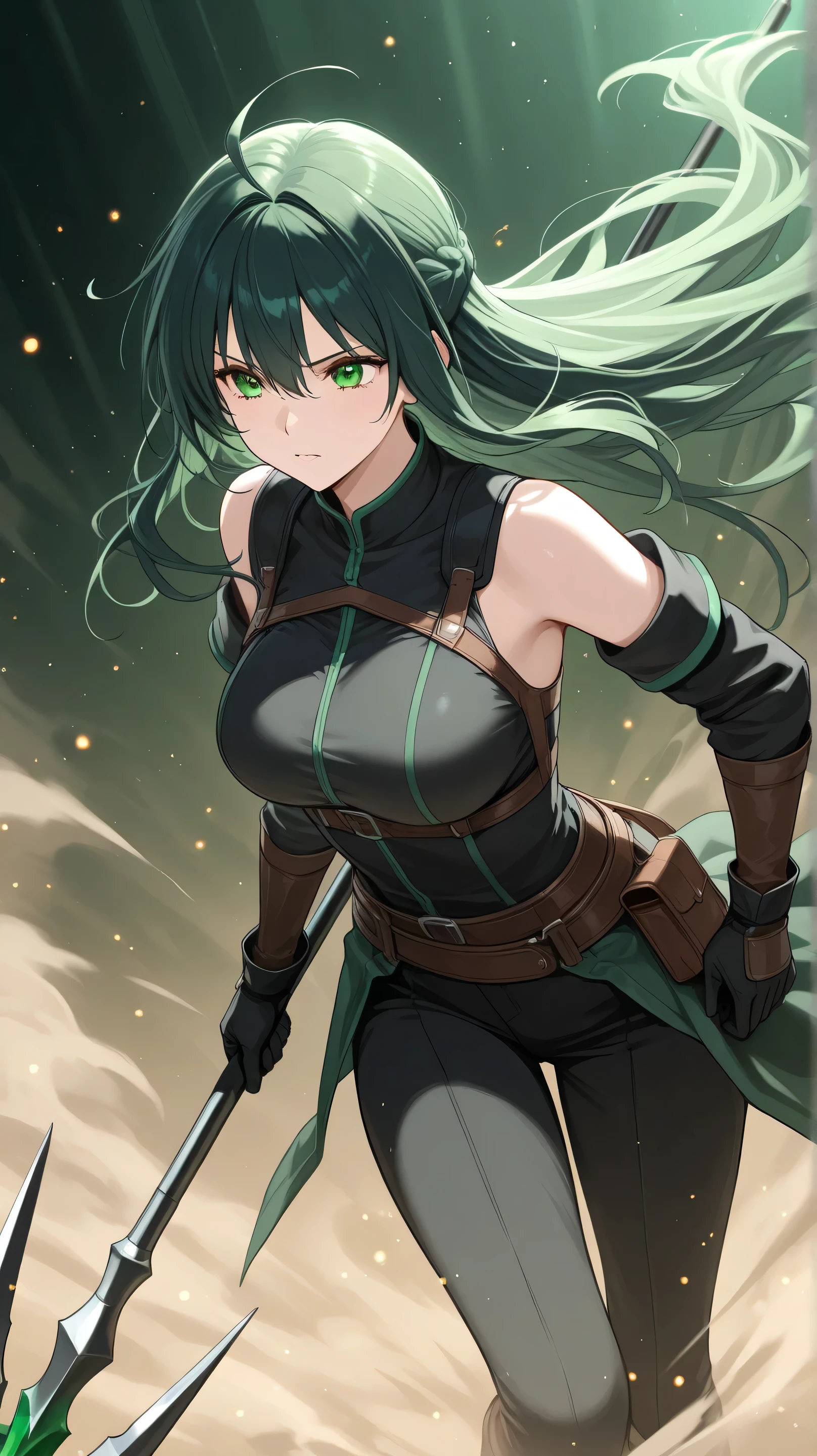 girl ,darkgreen long hair,green eyes,use spear black clothes in battle have gloves lots of dust and particles