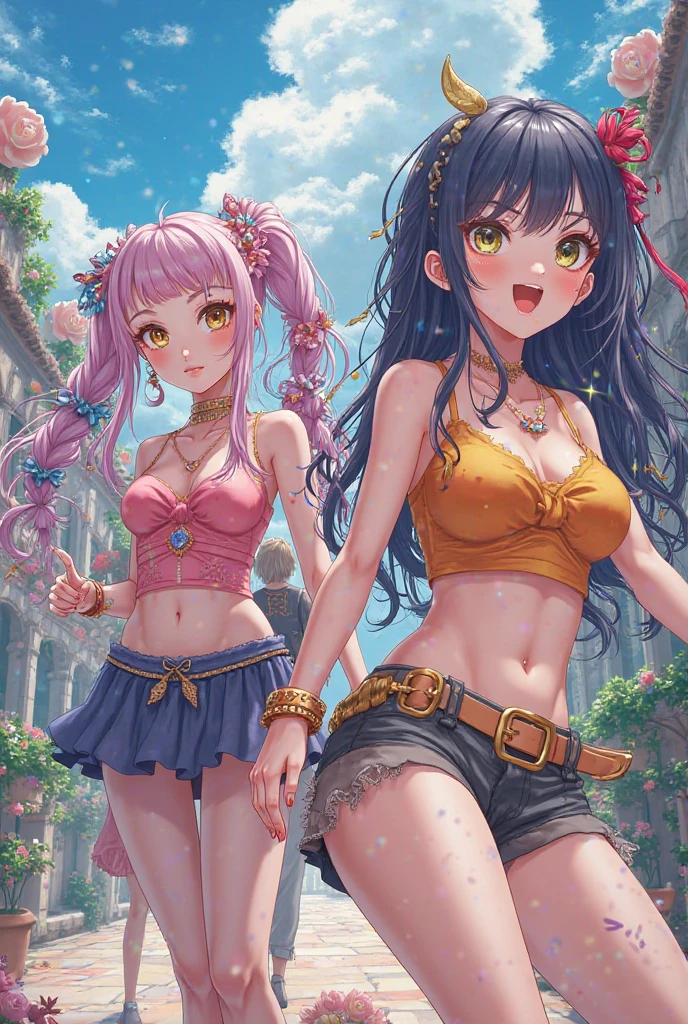 Make an image of a beautiful and pretty woman holding a pink flower, make her look beautiful and pretty and hot, make her chest a bit big, give a good view of the landscape as well, she's wearing a tight shirt and a short skirt, her background landscape is beautiful