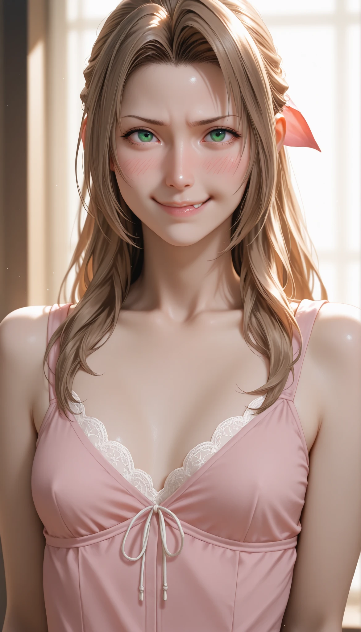 1 girl,Beautifully detailed face:1.3、Face close-up:1.6、The whole face fits in the frame:1.6、((She wears a big red bow in her hair like a French doll.....:1.6))、 ((Small breasts:1.7))、(A sheer camisole with a loose fit around the chest:1.7), ((I'looking forward to it:1.6))、Pink Eyeshadow:1.6、((Looking into the camera:1.3))、Very beautiful Japanese idol portraits,
(RAW Photos, Highest quality), (Realistic, Realistic:1.4), (masterpiece),
Very delicate and beautiful, Very detailed, 2k wallpaper, wonderful, finely, Very detailed CG Unity 8K 壁紙, Very detailed, High resolution, Soft Light,
Beautiful detailed girl, Very detailed目と顔, Beautiful and sophisticated nose, Big beautiful eyes, Cinema Lighting,
(Simple and solid background:1.3),
(Blonde medium hair:1.5), (Parted bangs),
Complete Anatomy, Slender body,とてもSmall breasts, Sensual look