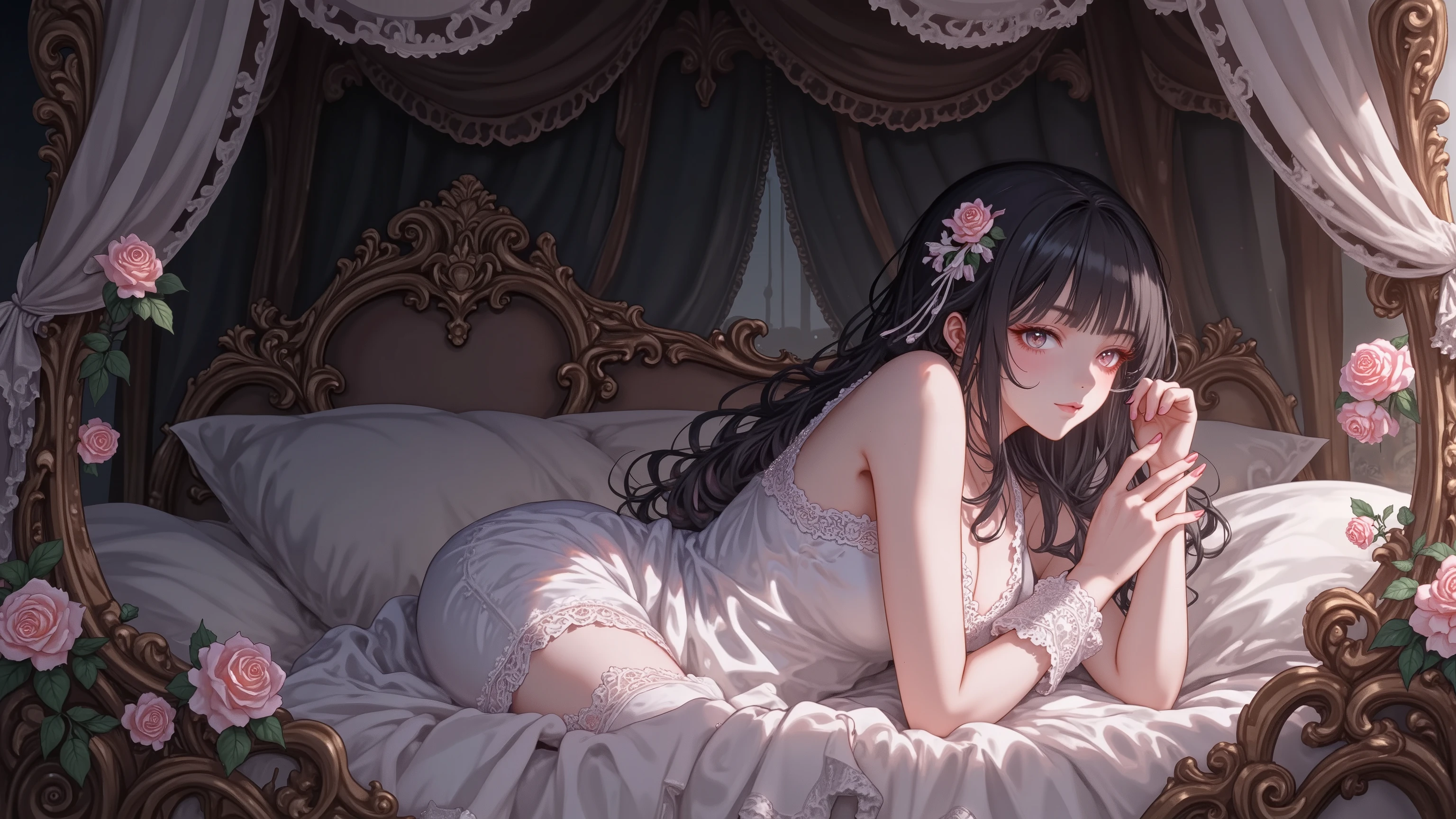 A bewitching woman lying down, lace nightgown, rose upper cuff, canopy bed for yellow-green eyes, Exquisite carving,