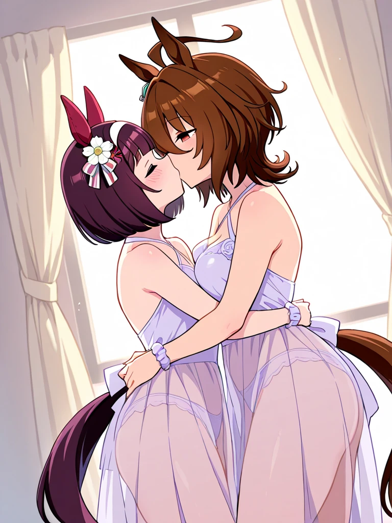 Duo, score_9, score_8, score_7, kemono style, Lop from Star Wars visions, female, blue eyes, floppy ears, Anthro lop rabbit, standing, indoors, tall, hourglass figure, bunny feet paws, 3 toes, naked, brown hair in a ponytail, simple background, sex, sex with faceless brown haired human male, males face cropped out, missionary position sex, she is lying on her back, on a bed, she is embracing human male, her legs wrapped around his waist, Birds Eye view,