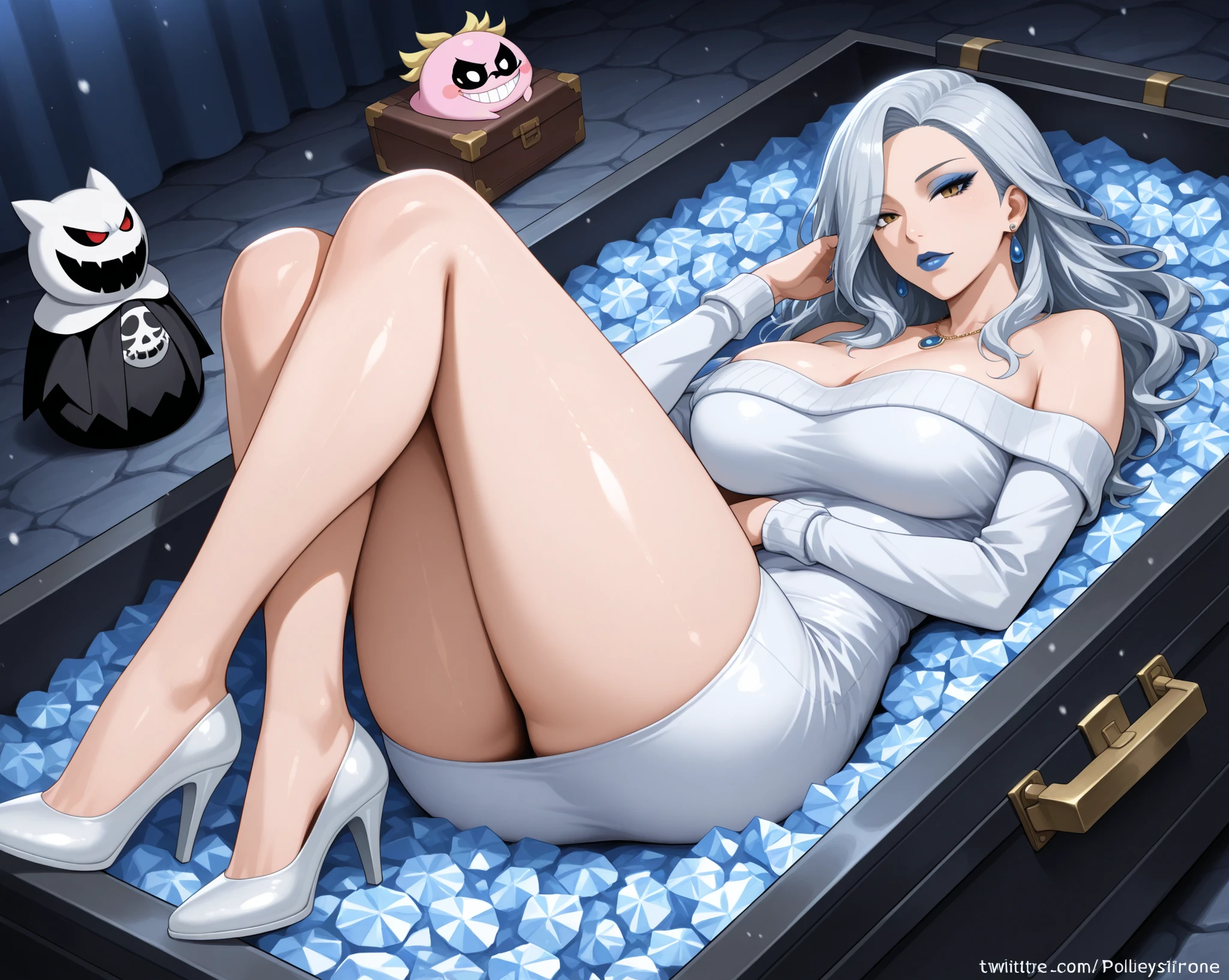 NSFW, hyper photorealistic, full-body view, Dark cuteness pop horror style, Hot water bottle girl in black evil costume, micromini bikini, tattoos all over body, Drill holes everywhere, tusk, Heavenly Nightmare Asany Beach, Super detailed drawing