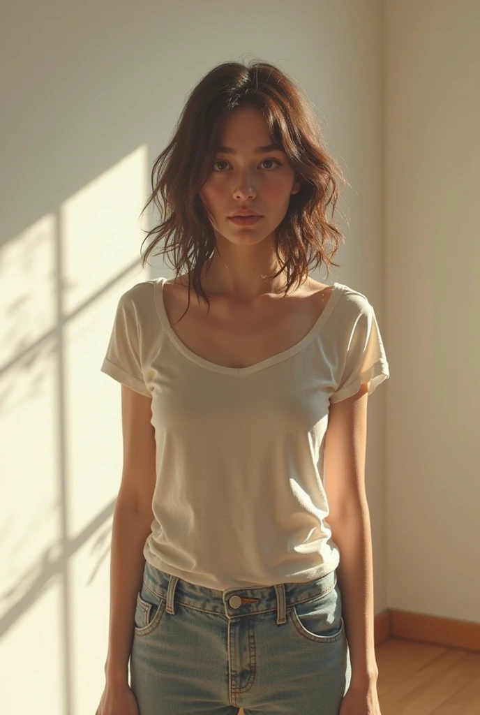 Elizabeth Henstridge with short brown hair, t-shirt, short jeans, slender figure, sad expression, detailed facial features, delicate skin, dramatic lighting, cinematic angle, high quality digital painting, muted color palette, photorealistic, 8k, masterpiece.