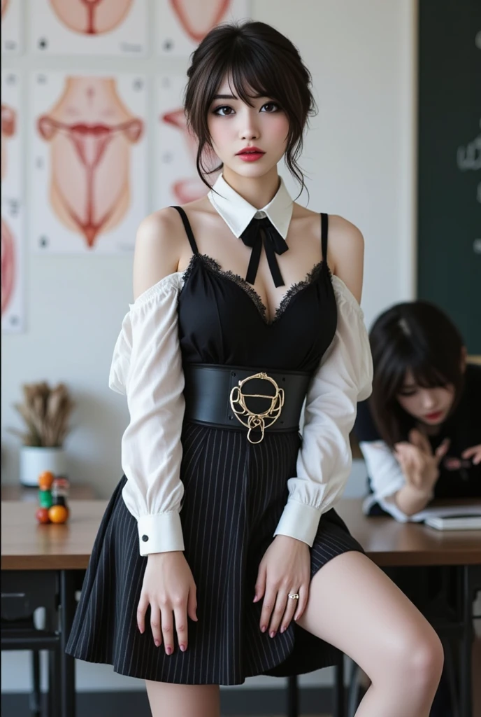 1girl, portrait of beautiful lobapex, athletic, white jacket, corset, skirt, pants, black hair, red hair, braids, makeup, choker, cleavage, wide hips, volumetric lighting, best quality, masterpiece, intricate details, tonemapping, sharp focus, hyper detailed, trending on Artstation, realistic