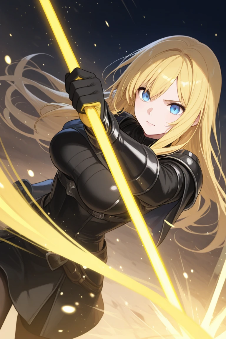 (((Solo)))、Highest quality, Best Quality、(((Gray simple armor、Black trousers、Black gloves))、(woman、18-year-old)、(Blonde、Long Hair)、Grab the sword、(Simple Background)、(Fighting stance, battle)、Dramatic Angle、(Blue and yellow aura)、From below