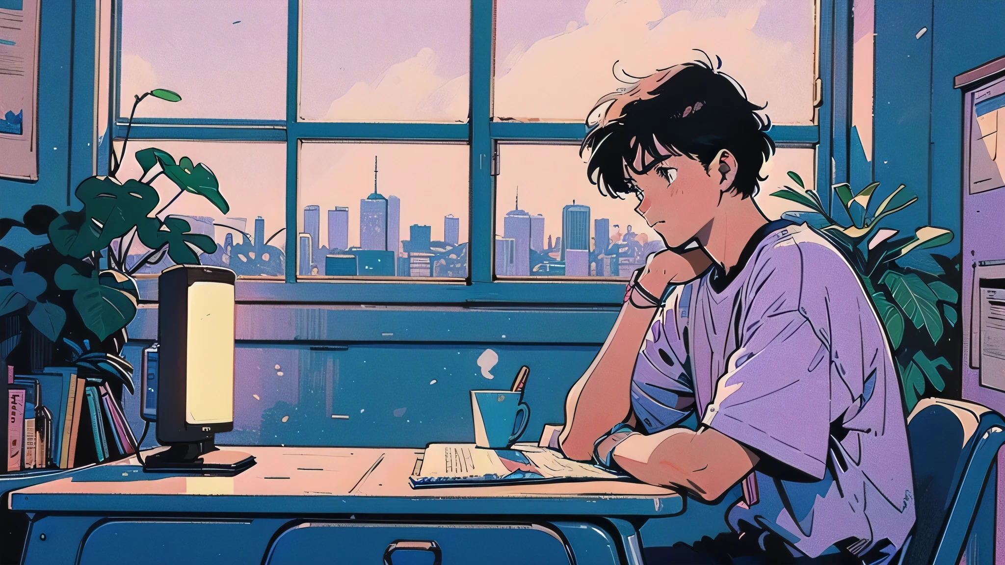 "An anime-style illustration inspired by 1980s city pop aesthetics. A young man with short, slightly messy hair sits at a wooden desk in his cozy apartment during the evening, concentrating on his studies. He wears a casual retro outfit—like a loose-fitting shirt with rolled-up sleeves and comfortable pants. On the desk are two open notebooks, a steaming cup of coffee, and two pens—one red and one black. A warm desk lamp lights his workspace, casting soft shadows across the room. Through the window behind him, a dreamy pastel city skyline glows with pink, blue, and purple neon lights. The room includes vintage furniture, indoor plants, and subtle 80s-style decor, creating a nostalgic and peaceful atmosphere. The scene is colored with warm tones, gentle film grain, and soft lighting, reflecting the charm of 1980s Japanese city pop art and anime."