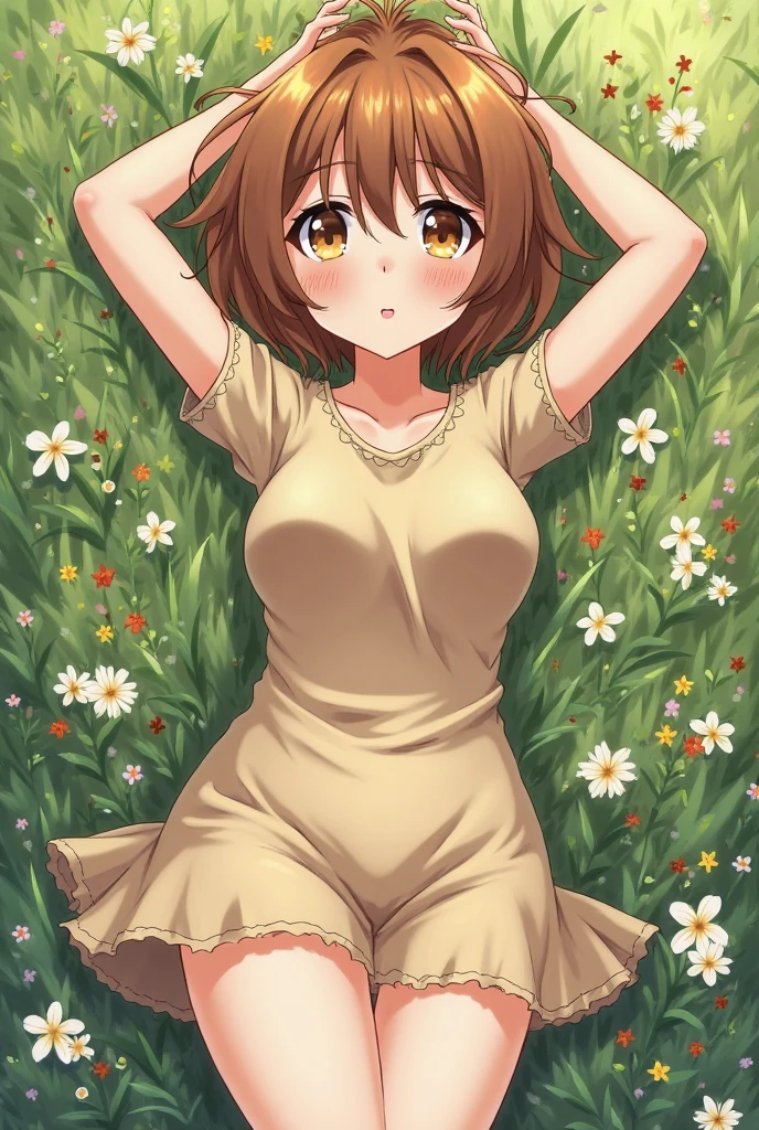 Sunset grassland background、nature、naked woman、sit、thin light brown hair、short hair、nervous、Gentle、cute、Bare breasts、nude、nipple、genital、Erotic、beautiful girl