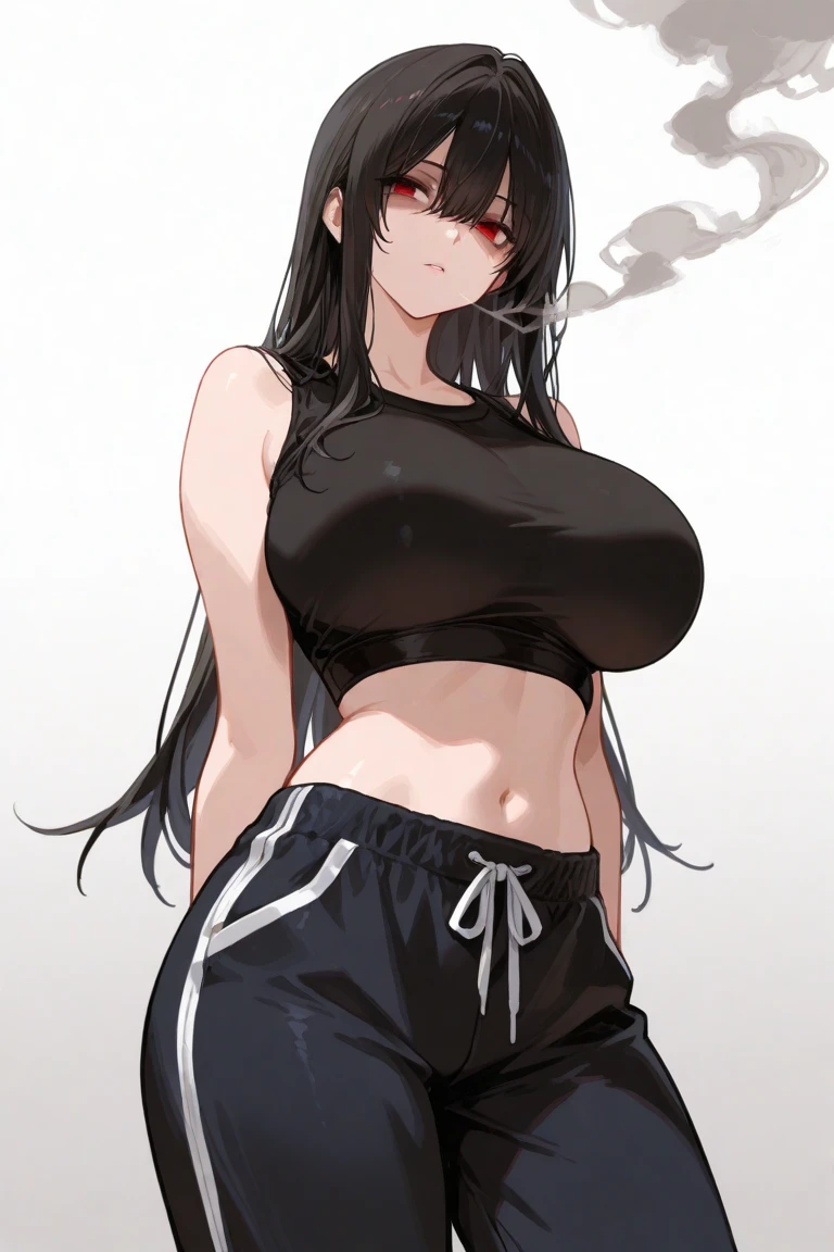 albedo,black hair,curvy body,big breast,big thighs,wears oversized black jacket,grey shirt,no pants,arms in pocket,smoking cigars,midnight setting,manga art style, nsfw.