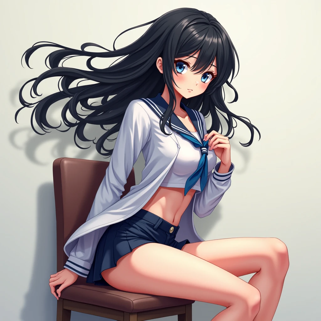 A beautiful woman with long, shoulder-length hair, big breasts, and beautiful legs is standing in a sailor suit with a purple miniskirt.。
