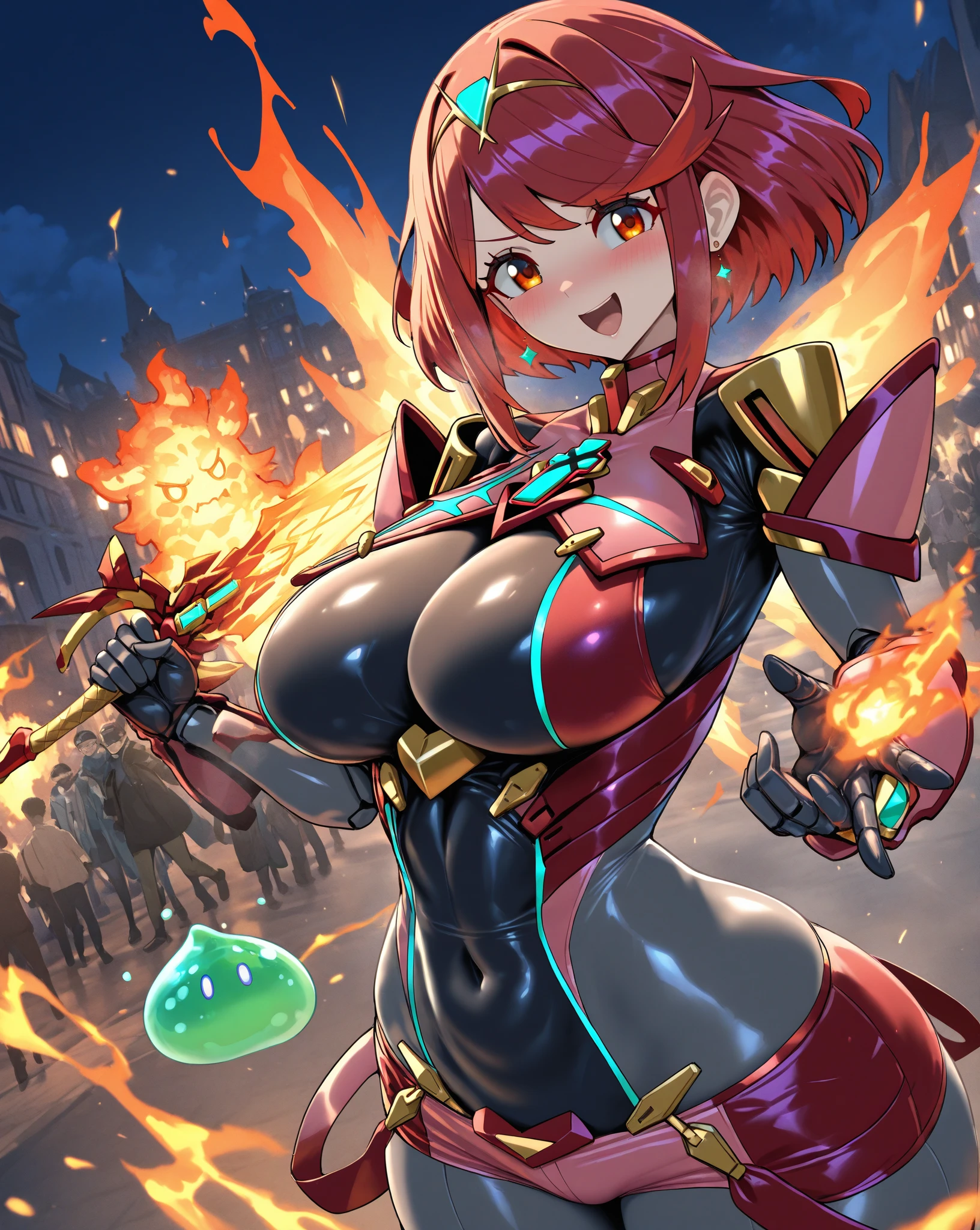 colorful, 1girl, mature, large breasts, orange hair, low ponytail hair, red eyes, dual wielding, sword, holding sword, red flames, glow, glowing weapon, light particles, wallpaper, chromatic aberration,