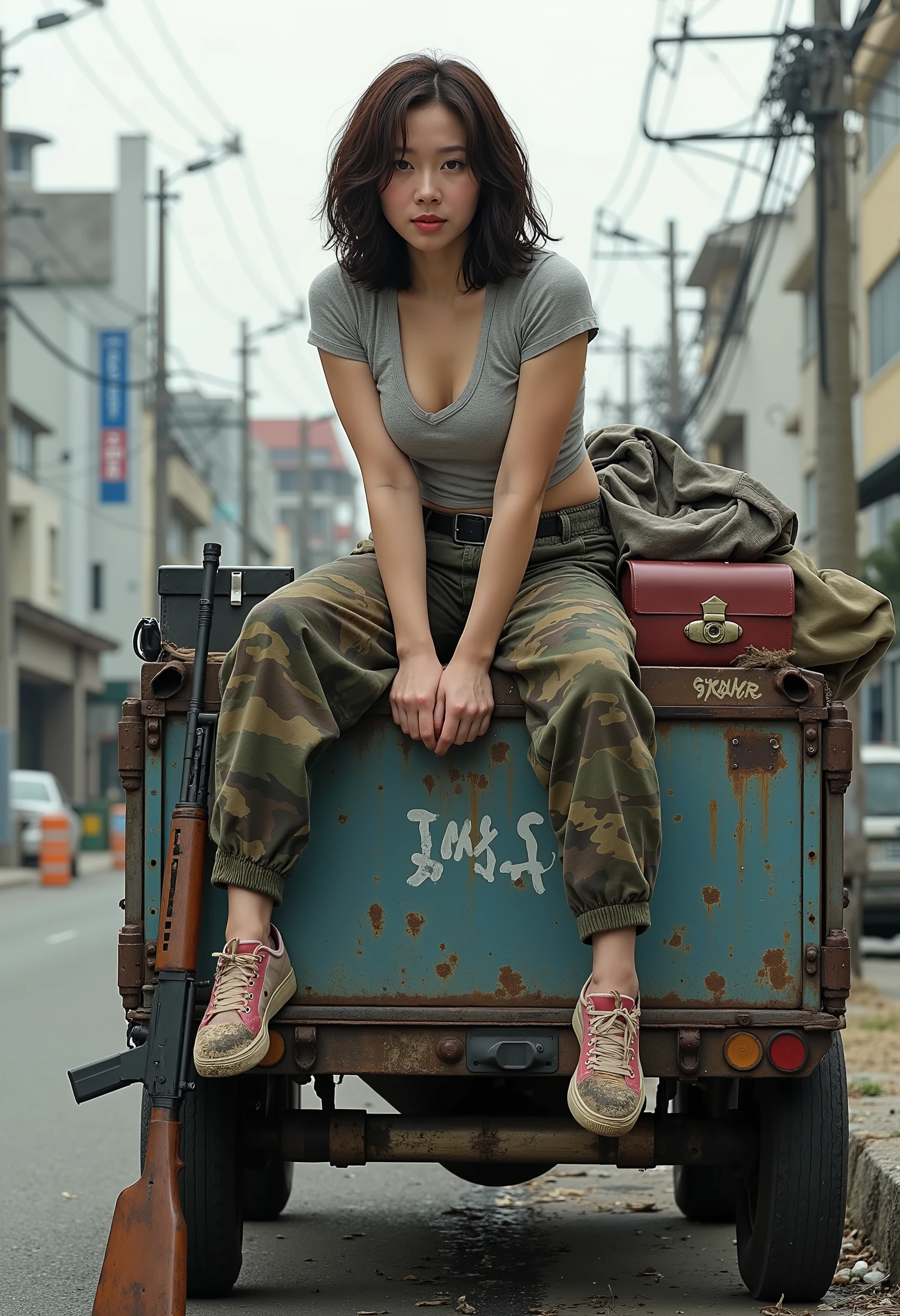 8k , A realistic photo、realistic skin texture、Japanese women have、and carrying luggage on the roof A small old wagon、sitting on the roof of a dirty and torn Supreme、automatic rifle leaning against a wagon、 The wagon shows signs of repair . 、motionsTshirt、 Camouflage pants、dirty sneakers in different colors、poses with、dramatic composition、 one person、、beautiful、8k , A realistic photo、realistic skin texture、A beautiful Japanese woman living in the US is riding a Honda motorcycle . 、dirty long coat、shotgun sling on the shoulder、baseball cap、High-cut sneakers、in a city center covered with debris、beautiful、Nice configuration 、