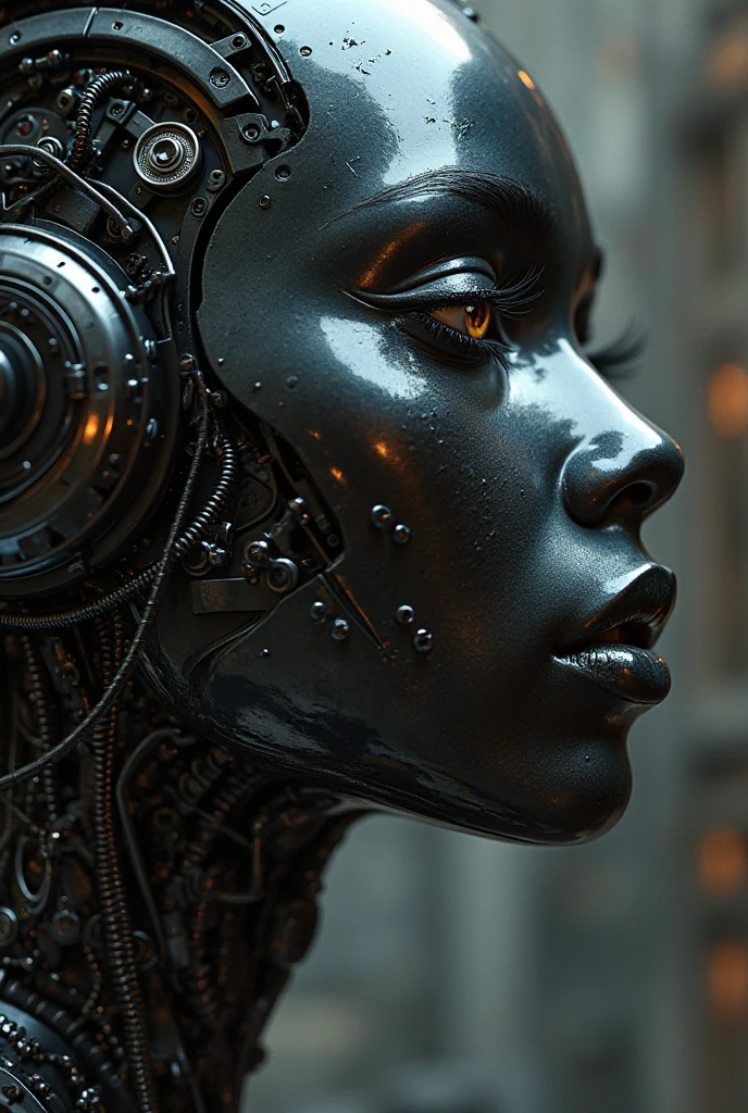 Onyx Optimizer, A beutiful cyborg with metal, skin, exposed wires, and white hair