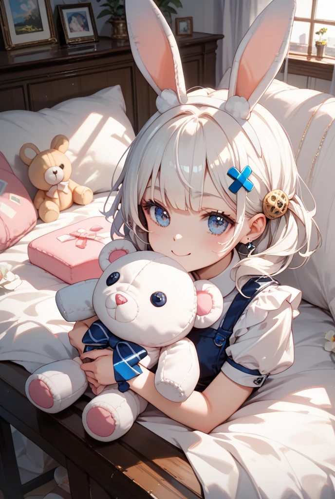 (NSFW:0.9),(little girl:1.4), solo, full body, sitting, dynamic angle, white hair, flat chest, frilled, 3yo, brown hair, long hair, night, starry sky, dark, sleepy, want to sleep, animal ears hood, holding teddy bear, covered breasts,shy, blush,A young girl in pajamas holding a large stuffed animal, with a shy expression on her face, in a bedroom setting, The composition should exude a blend of sensuality and innocence, The background should be visually captivating,