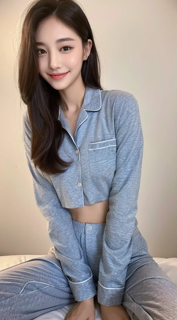 highest quality, masterpiece, ultra high resolution, (realistic:1.4), (close portrait) RAW photo, 1 girl, 22 years ago,(((trainer))),((Rumbling in bed)),((wake up)),masterpiece, realistic pictures, japanese pictures, fuji negative film, saturation, contrast, Pocari Sweat Advertisement ((small breasts)),((smile showing teeth)),Ponytail and scrunchie,brown hair,