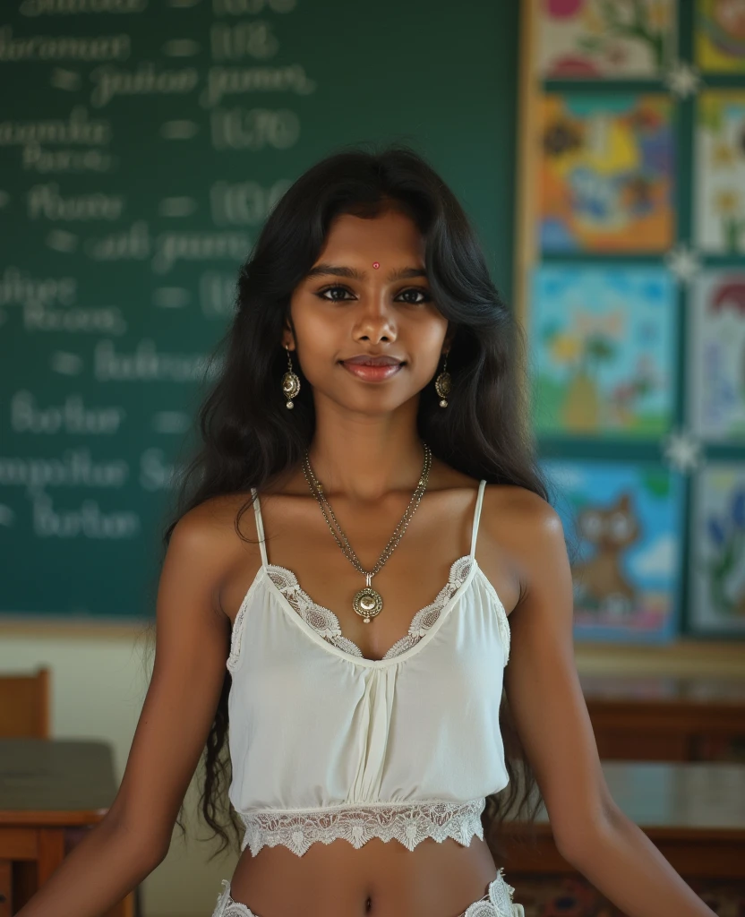 1 Cute sexy SriLankan Tamil girl with two pigtails hair fully naked due to poverty, trying to cover her cute grown boobs with front torn front fully unbuttoned, front untied open in the middle blouse. So her cute almost all middle boobs and under boobs are clearly visible like topless standing in front of black board in classroom