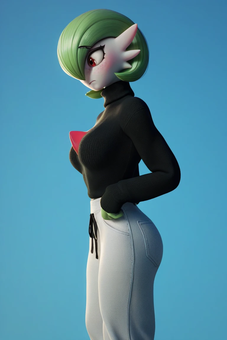 (best quality,4k,8k,highres,masterpiece:1.2),ultra-detailed,realistic,masterpiece, best_quality, 1girl, solo, gardevoir, pokemon \(creature\), green hair, red eyes, short denim jeans, black crop top, showing of her ass