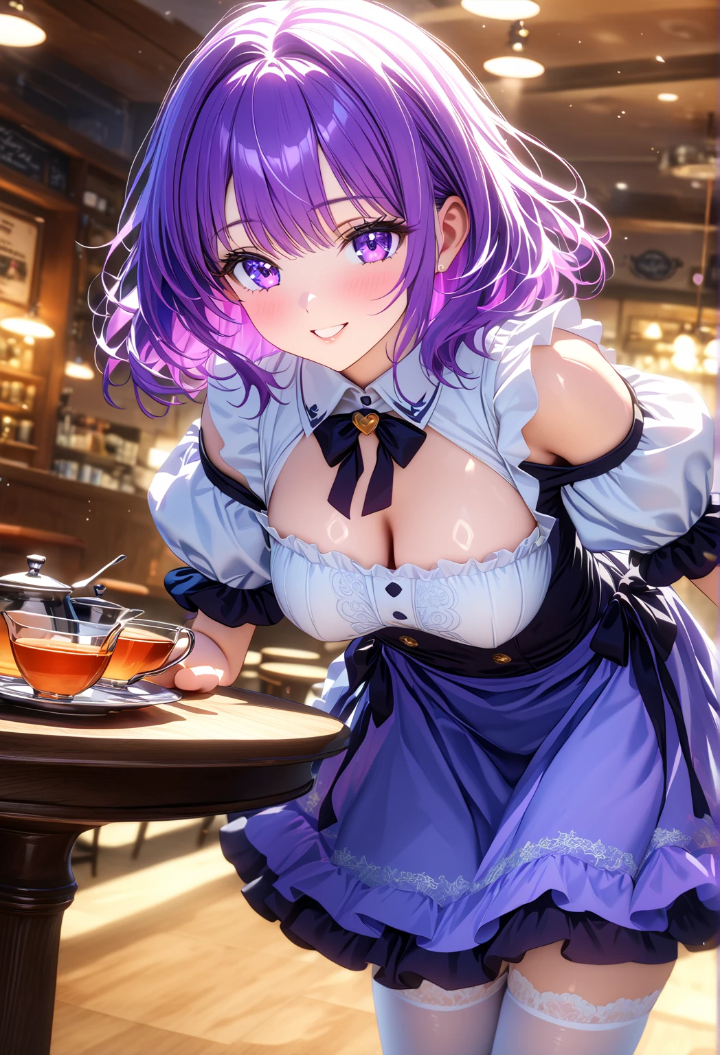 Masterpiece ,best quality , high resolution , ultra detail , colorful , soft light , mild light , sunlight , shinny , (perfect fingers , Detailed fingers, perfect hands) , (1 girl solo:1.38) , (Misato katsuragi) , (black eyes, ponytail , purple hair, medium_long_hair, make up, necklace, tall, slim body,) , (narrow waistline , wear maid apron , maid miniskirt , maid headband , thigh strap, head tilt) , (arms behind back . hands behind back) , (cleavage:1.15) , (big breast:1.13) , (indoor , in coffee shop , wooden house , bar, ) , (standing cowboy shot) , ( full face blush , shy , smile , open mouth) , (face viewer , look at the viewer)