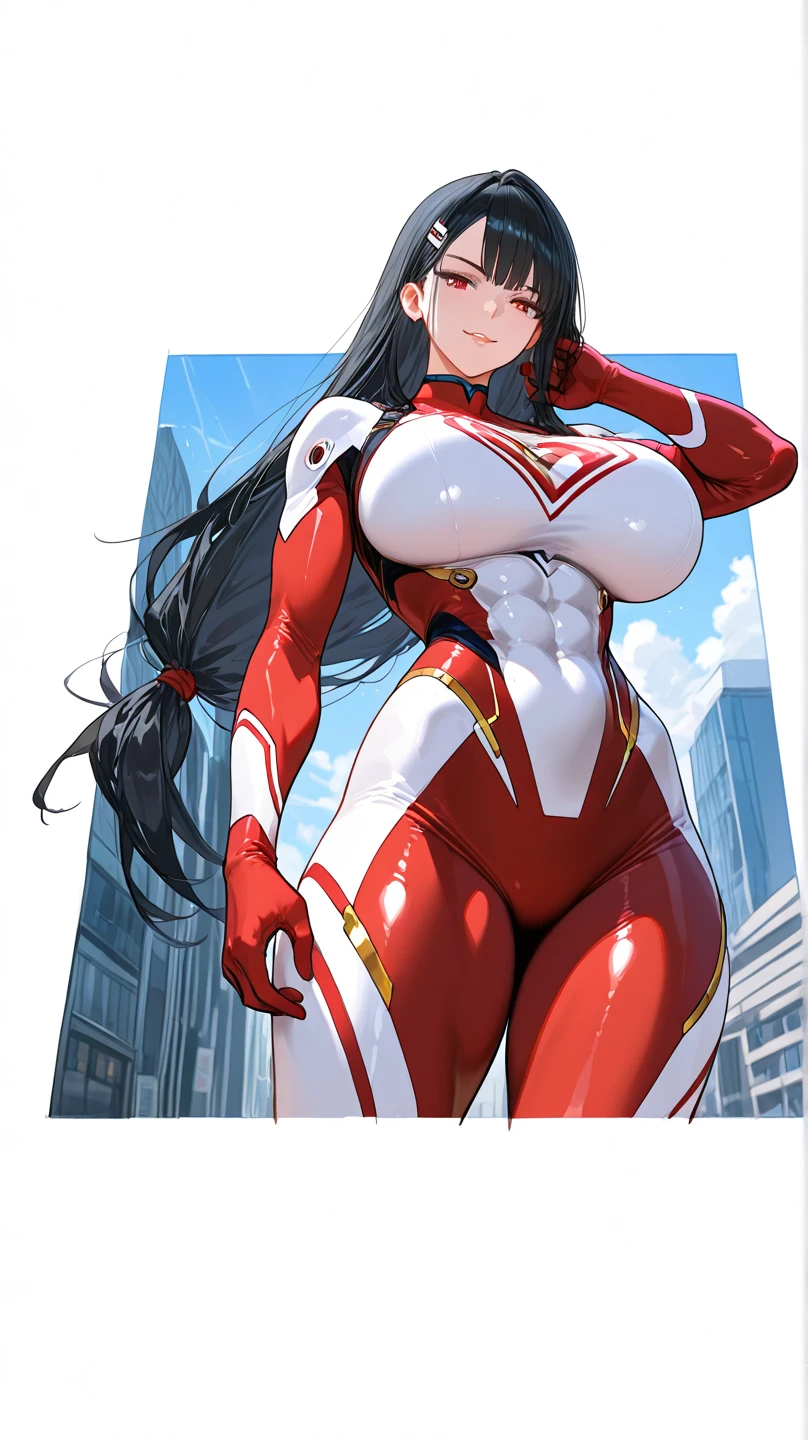 A Woman, full body photo with her feet on the ground, dressed as Iron Man/Spider-Man, tight-fitting suit, immensely gigantic breasts. The woman has long blue hair with braids held by teddy bear barrettes, green eyes, this one with her fists up, her outfit has several weapons attached to her costume. The woman is looking at the viewer, flushed face, heavy makeup on her face, red lipstick. She on top of a tall building raining heavily, her hair and clothes are soaked, rape face, Anime style, anime, Mortal Kombar style, 16k, high quality, award winning, high details, anatomically correct, masterpiece, UHD