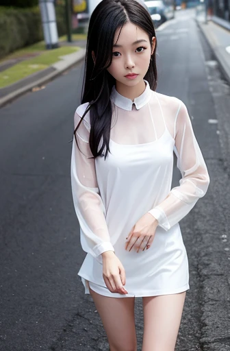 Young sweet beautiful Bogor city girl, 17 years old, descent mixed from sundanese and javanese, sweet georgeus face, slim body, short black hairs with a bangs, cute little greek nose, wearing thin long sleeve white buttoned see through Indonesian dress, wearing dark grey long see through skirt, wearing sport shoes, wearing white short socks, realistic, very detail, supernatural, best results, no cartoon, normal fingers shape, all in proportional size, standing straddeling on street,