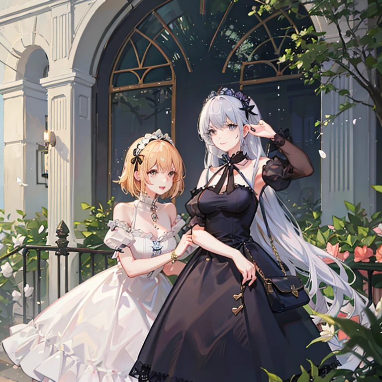 (2 young women ,Sesame girl),(has short blonde hair),(Have long hair of various colors),nobility,(princess),blue student,Tall figure,((Strapless dress)),low skirt,(Star evening dress),Show your legs,Crystal heels,red carpet,prom website,(nobility),(big tits),(Various poses),((Various color sets)), Highest quality、Highest picture quality、Masterpiece