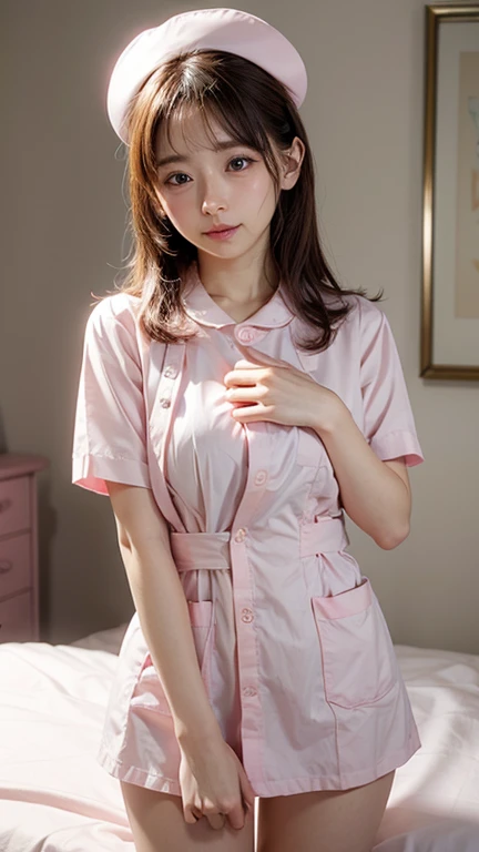1 girl,(Wearing white nurse clothes:1.2),(RAW Photos, Highest quality), (Realistic, photo-Realistic:1.4), masterpiece, Very delicate and beautiful, Very detailed, 2k wallpaper, wonderful, finely, Very detailed CG unity 8k wallpaper, Very detailed, High resolution, Soft Light, Beautiful detailed girl, Very detailed eyes and face, Beautiful and sophisticated nose, finely beautiful eyes, nurse, Perfect Anatomy, Black Hair, Upstyle, nurse uniform, (()), Long skirt, nurse, White costume, thin, hospital, clear, White Uniform, hospital room, Neck auscultation,Bobcut、(((Sit with your knees apart)))、Pink Panties(((Panty shot)))