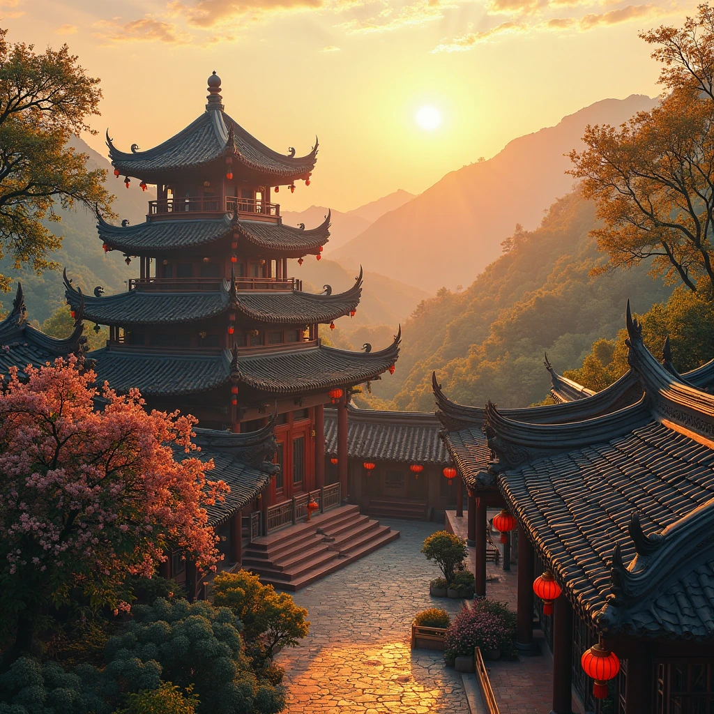 8K detailed image of the Đọi Sơn Pagoda at sunset, soft sunlight illuminating the terracotta tiles and wooden beams, surrounded by blooming trees and green hills, traditional curved roofs, lanterns hanging gently, rich shadows and depth, no humans present