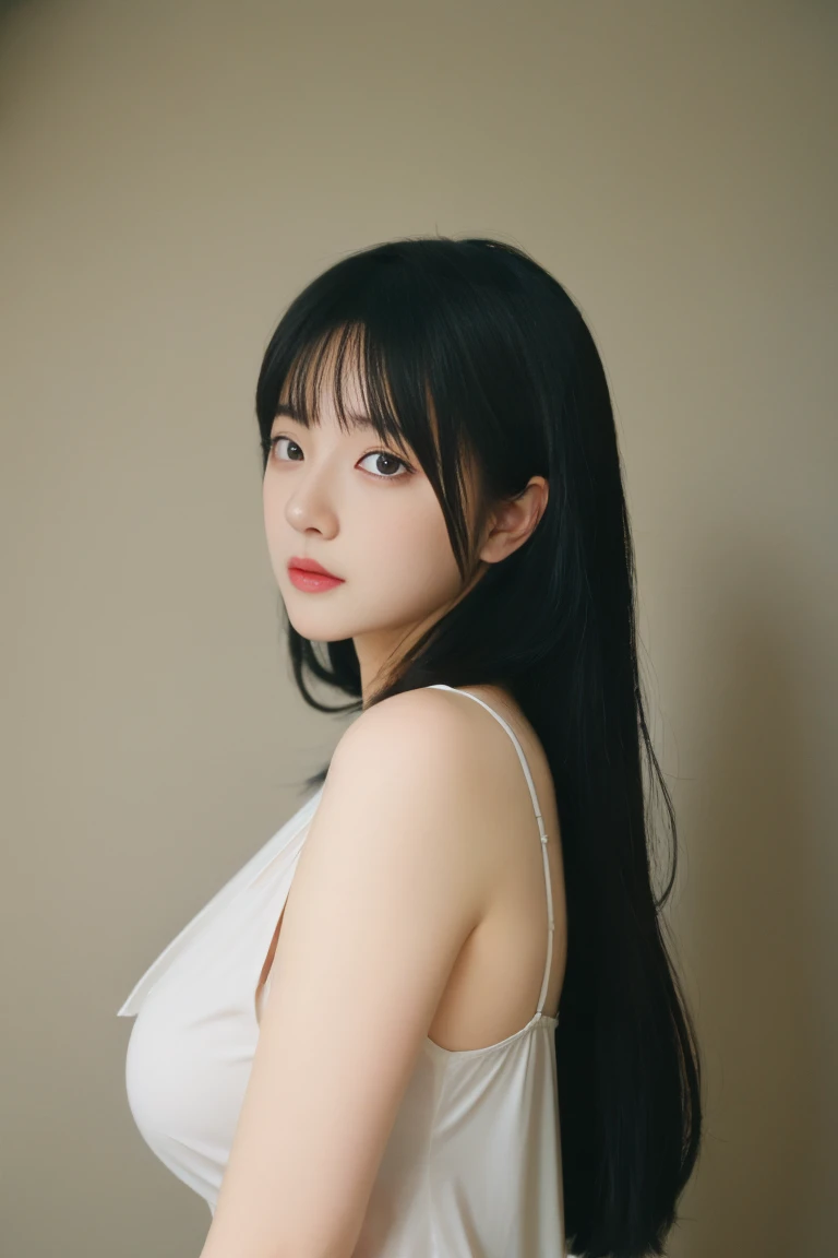 best quality, tmasterpiece,Ultra-high resolution,Clear face,(Reality:1.4),ferpect lighting,(upper body shot), (photorealistic:1.50), anime wallpaper, Guviz style artwork, cover-up fantasy up to magic , by Yang J, Guviz, beautiful artwork illustration, beautiful digital artwork, beautiful digital illustration, Li Song, beautiful anime portrait, art style in Beauvot, 1girl, 独奏, long hair, (twintails:1.3), black hair, Tank top, Pleated skirt, standing, Arms behind back, pale skin,perfect body,shiny skin,hitman,shenhe \(genshin impact\),(hair above one eye),long hair,tassels,tassel earrings ,(close-up photos:1.1),(super giant breasts:1.3),(arms behind back),white hair,(hair ornament),