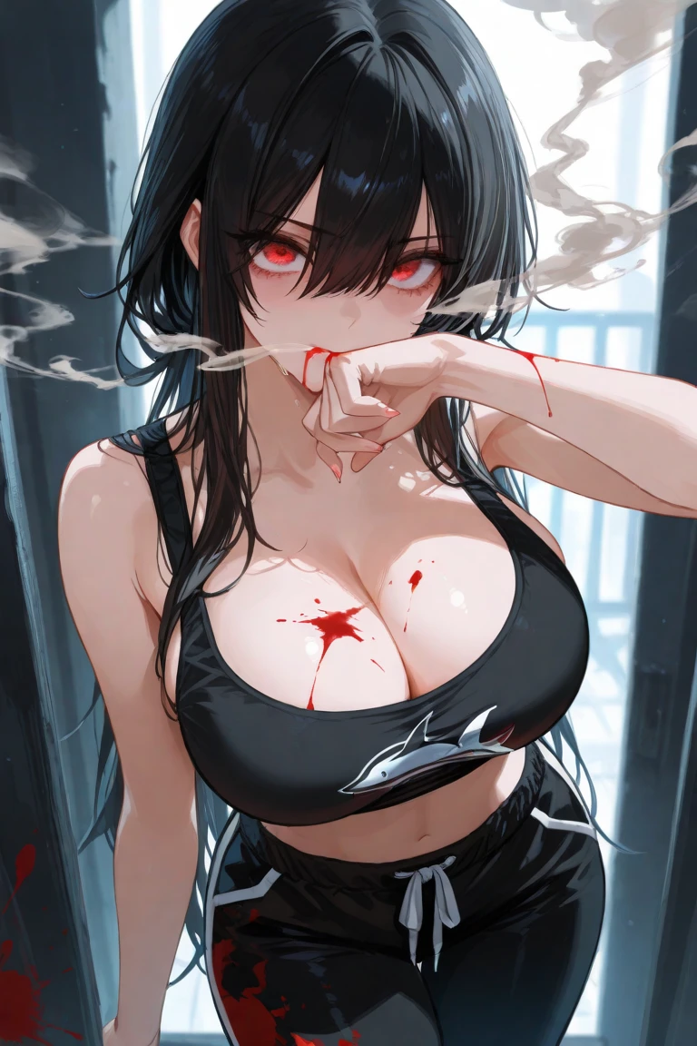 simple background, monochrome, horror (theme) there is a broken picture, black paint splatted, red blood splatted, smoked, red blood (((anime girl character))), big boobies, wearing a mask