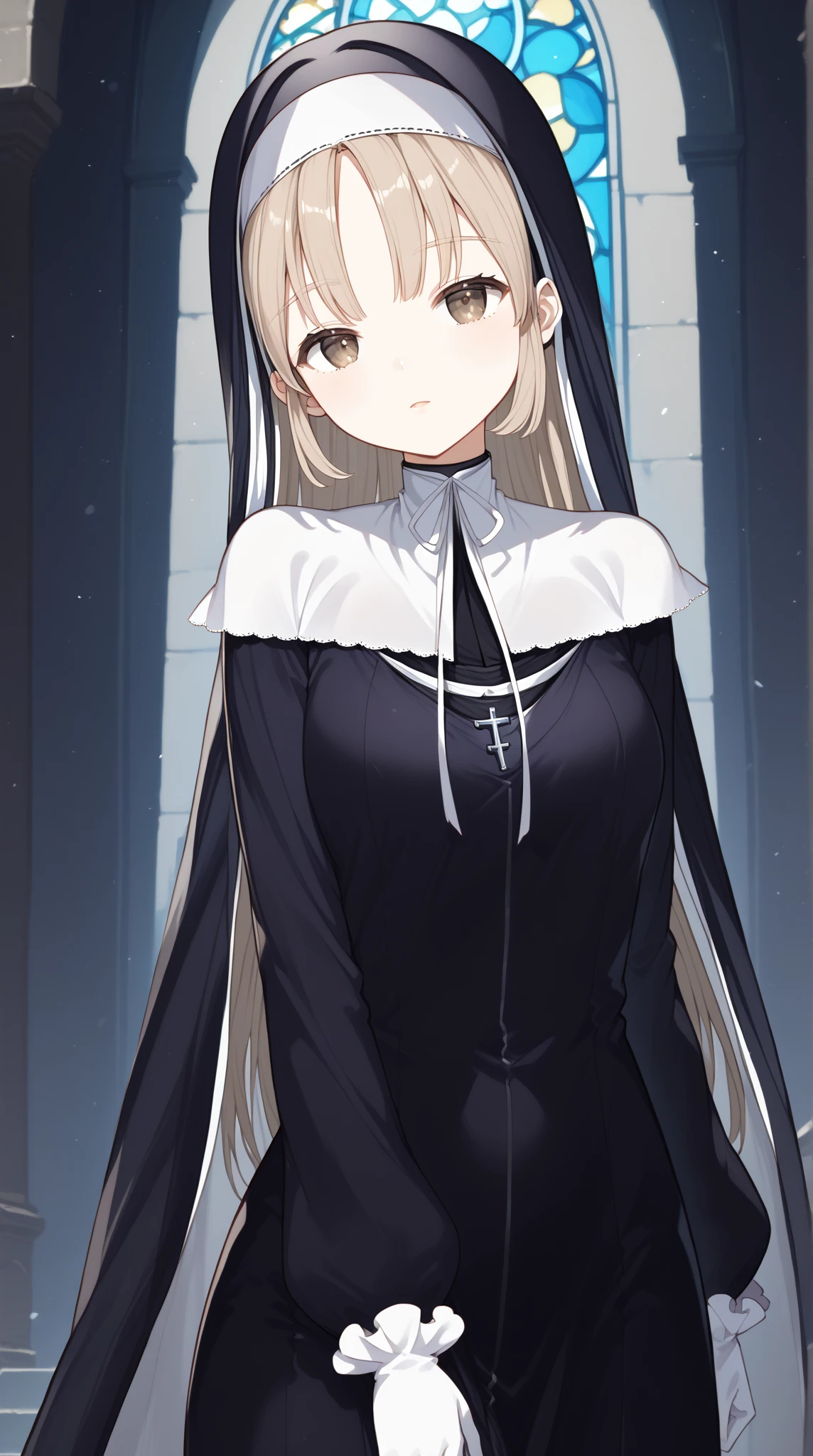 (8K、Highest image quality、highest quality、masterpiece)、detailed face、((one ))、gray hair、long hair、blunt bangs、light blue eyes、evil smile、((grin))、((small breasts))、((nun))、black pantyhose、cowboy shot、arms behind back、church background