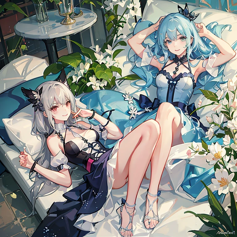 Members of the royal family,Lolita prostitute,Blue color scheme,white long straight hair,red eyes,Ear Brewster Watson Ring,secretary,leg loops,windowsill,starrysky,black silk high heels,long skirt,Serious,Lace headband,Lace gloves ,maid,Raised sexy,Obscenity exposed,Spread your legs apart,nipples