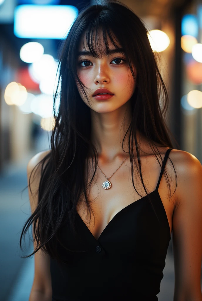 she is a japanese girl, she has a very pretty face, and long black hair, she is very seductive with a tight dress