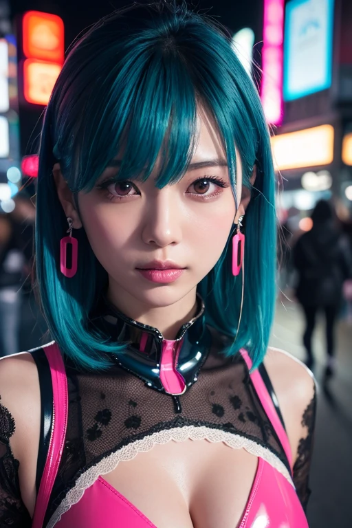 female idol、nude lip gloss、smiling face、smoky eyeshadow、winged eyeliner、defined brows、dramatic lashes、(((face closeup)))、shiny very large earrings(neon cyan)、shiny very large necklace(neon cyan)、(shiny glossy latex brazilian string bra(neon cyan))、(shiny glossy latex brazilian string tanga(neon cyan))、clutch(neon cyan)、((colorful short hair(neon cyan)))、long white fluffy fur coat with white fluffy fur(bright white)、conceptual art, High quality, Realistic, extremely detailed CG unified 8k wallpaper, highly detailed, High-definition raw color photos, professional photography, Cinematic Light, Beautiful detailed, Super Detail, high detail, (((Bokeh))), depth of fields, illumination, Neon Street, Super stylish lighting