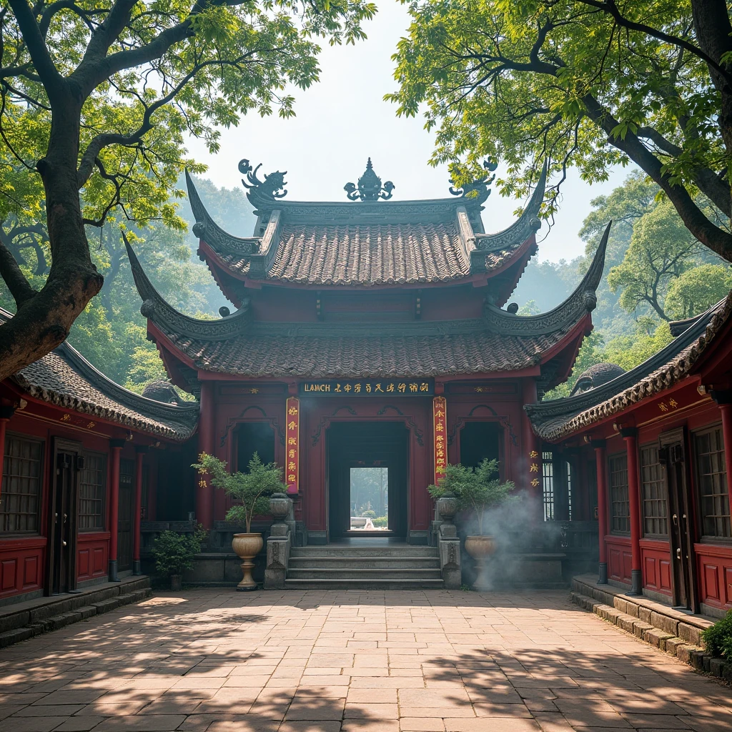 8K detailed image of the Đọi Sơn Pagoda at sunset, soft sunlight illuminating the terracotta tiles and wooden beams, surrounded by blooming trees and green hills, traditional curved roofs, lanterns hanging gently, rich shadows and depth, no humans present