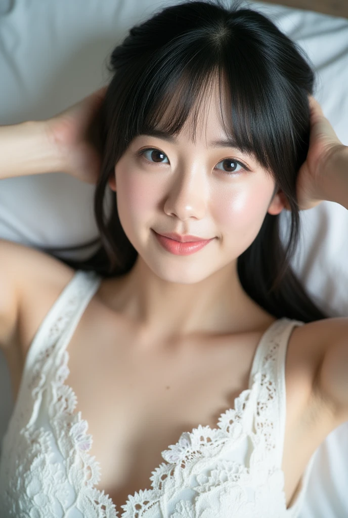 (8K、RAW Photos、Highest quality、masterpiece:1.2)、((Nipples、whole body、short hair、Flat Chest、smile))、(Realistic、Realistic)、1 Girl、((lingerie、Waking up、After sexual、morning、 Hotel Bedroom、Lying in bed、smile))、cute