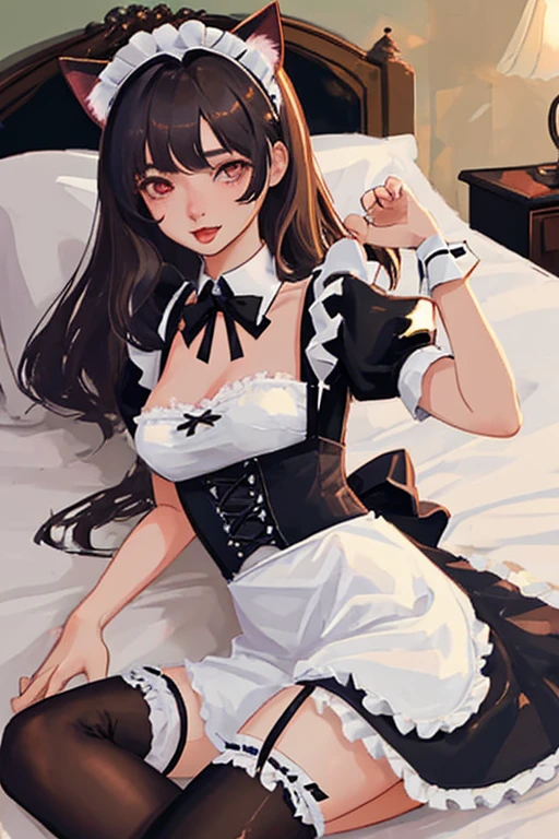 ((Top quality)), ((masterpiece)), (details),
High resolution, super detailed, very detailed CG Unity 8k wallpaper, real, photorealistic,
Beautiful fine face, detailed face.
Pale skin, realistic shining skin.
Detailed fabric texture, detailed hair texture.
(Eyes with attention to beautiful details: 1.5),
(Small hand), ((perfect hand)).
Slim legs, detailed legs.
((Perfect Anatomy)).
Perfect lighting.
Break
A girl,age18,
(Brown Hair :1.3),
Middle Hair, Straight Hair,
((Big smile:1.4)),one eyes closed,
(Slender: 1.1), (most big chest: 1.8),
(Most Big butt: 1.1),
(Lying Down Fluffy thighs: 1.1),
Break
french maid,
ruffled maid headdress,
garter belt, panties, stockings,
ruffled petticoat,
Break
Full Body Shot,
Lift the tray with some sweets with one hand,
At maid caffe,