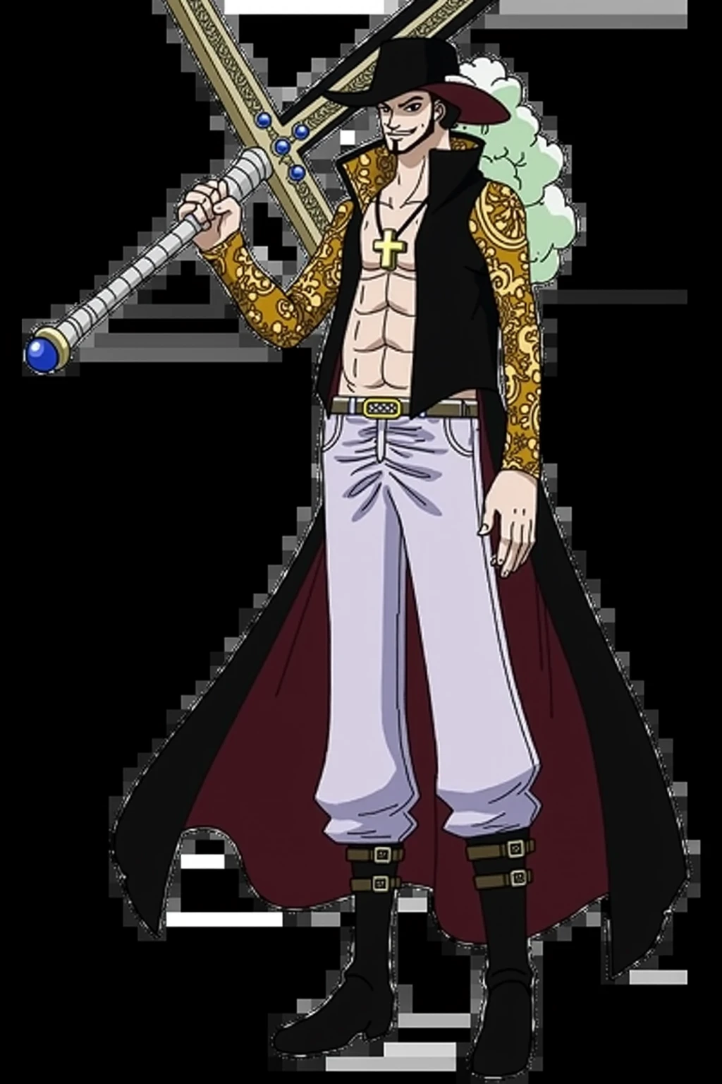 Anime white beard with a sword and a cape, from one piece, best anime character design, official art, furio tedesschi, full body!!, full body picture, full body close-up shot, one piece style (one piece, one piece artstyle, full body!!!, full body concept