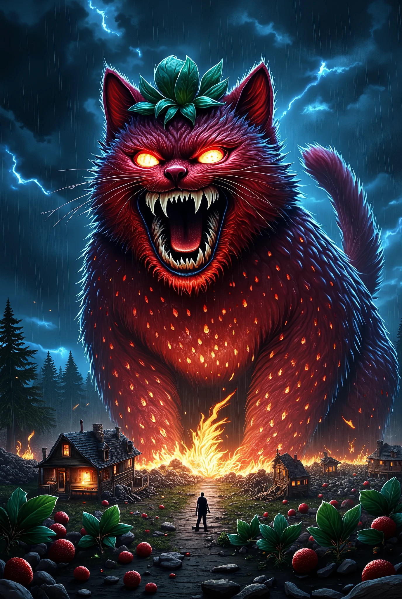 a giant cat, a monsture, strawberry like body, strawberry leaf on head, big fangs, sharp teeth, open mouth, angry, in strawberry field, raining, dark night, thunder , wet ground, destorying multiple wooden houses in the strwberry field, semi realistic,