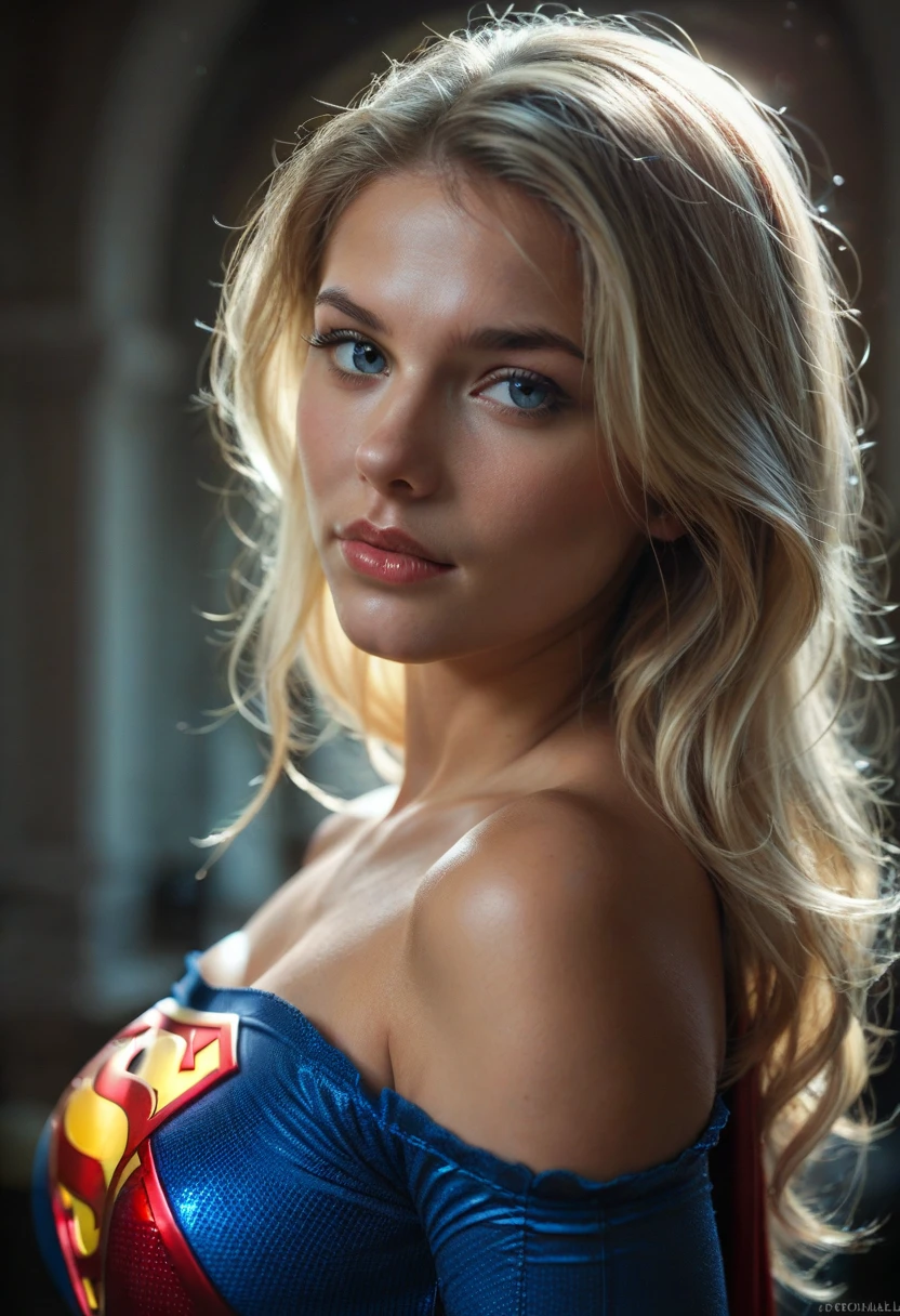 a beautiful woman, realistic model, fair skin, blonde hair, blue eyes, long hair, blue and red costume, supergirl, pretentious smile, urban city, office, detailed face, detailed eyes, detailed lips, detailed figure, highly detailed, photorealistic, superb quality, 8k, dramatic lighting, cinematic, intricate details, vivid colors, dynamic pose