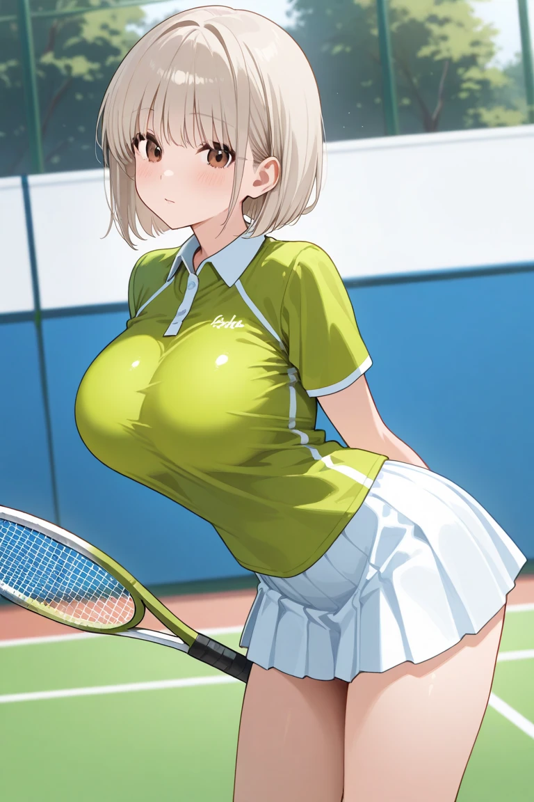 1 girl, (solo:1.2), tall girl, beige hair,short beige hair, straight short hair, gold eyes, (Full Breasts), (thigh), High Height, masterpiece, high resolution, shiny, (full body), beautiful, A cute smile that makes the viewer happy, highly detailed beautiful face and eyes, looking at viewer, (gothic lolita:1.2), (in the Akihabara:1.2), (tennis wear, white tennis wear, tennis shoe:1.2) , (in the tenniscourt:1.2), (she has a tennisracket:1.2), (from front:1.2),