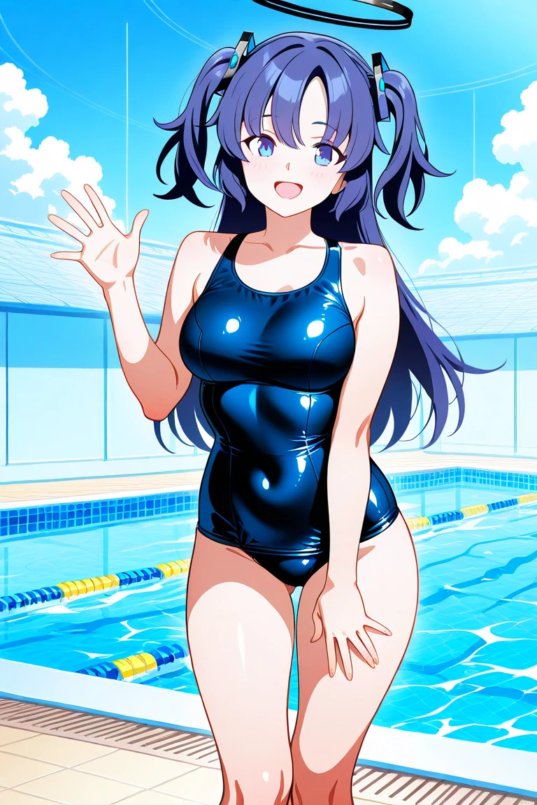 (1 girl), (solo), ((amanogawaki)), best quality, highres, high quality, 8k, HD, super detail, anatomically correct, UHD, accurate, (masterpiece:1.0), (high quality:1.0), (ultra detailed), (Swimming Pool Background), Looking Front, Looking At viewer, Serious Face, detailed eyes, (Black swimsuit), (perfect hands), (Thick Hips), (Thick Thighs), Purple eyes, (detailed eyes)