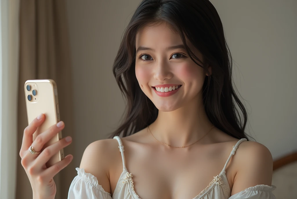 22 years old, nsfw, solo female,  nestled in the plush, white linens of her hotel bed, captures a serene (selfie:1.8) just after waking up. She’s wearing a soft, silk nightgown, with the morning light filtering through sheer curtains behind her. Her expression is peaceful, with a subtle smile, embodying a relaxed start to the day. The opulent headboard and the fluffy pillows frame her, highlighting the luxury of her surroundings