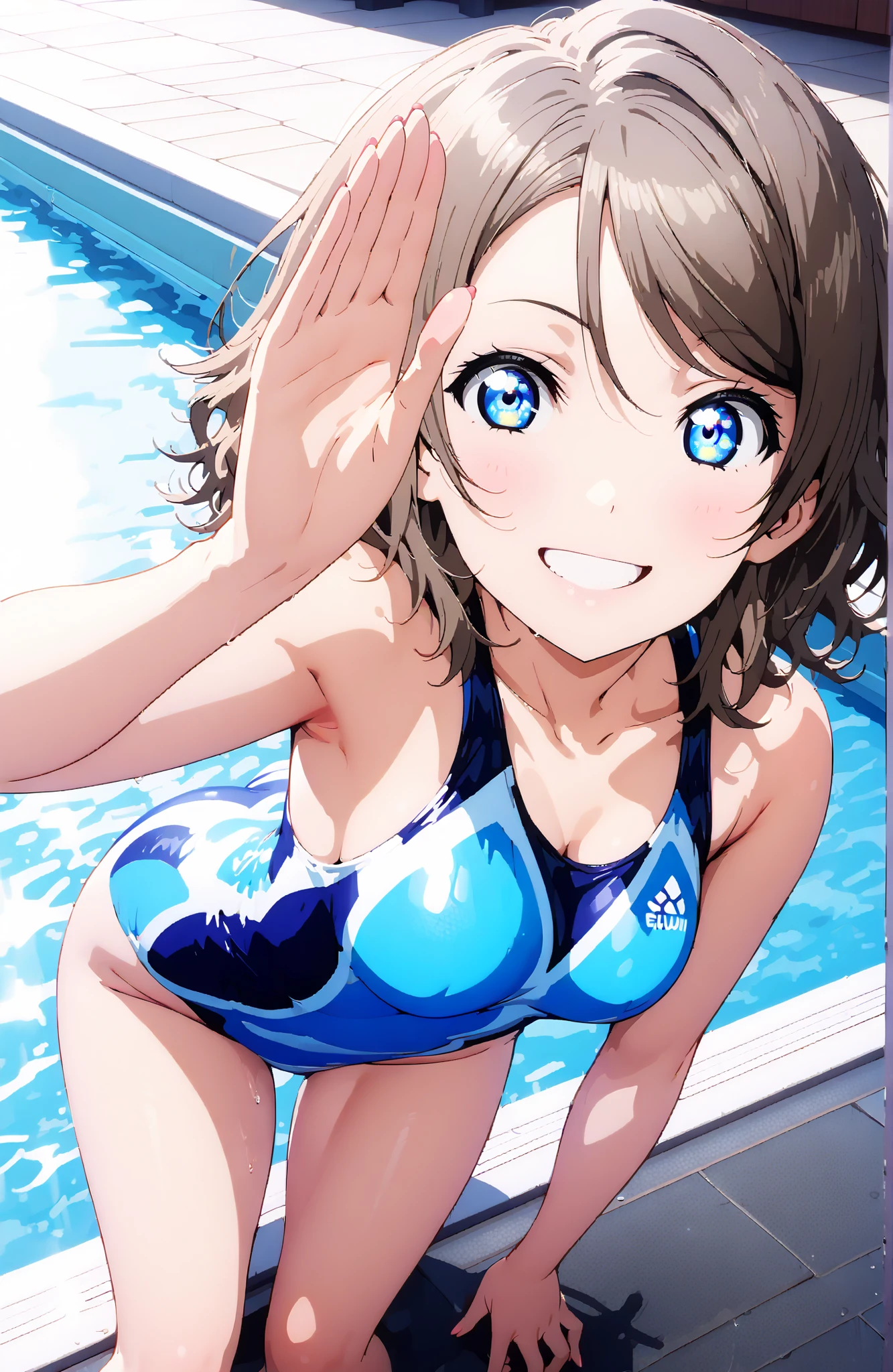 solo, 1 girl, Watanabe, short hair, medium breasts, Hair,blue eyes,smile,blush,grinning,
competitive swimsuit,standing,Bare legs,She is holding a bouquet of flowers with her left arm,is in a salute pose with his right hand,standing,noon,break indoors,Swimming Pool,
break looking at viewer,full body,
break (masterpiece:1.2), best quality, high resolution, Unity 8k 壁紙, (illustrations:0.8), (beautiful detailed eyes:1.6), Highly Detailed Face,  perfect lighting on the table, extremely detailed CG, (perfect hand, perfect anatomy),,