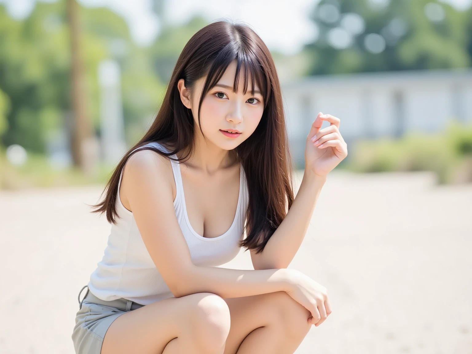 (8K, highest quality, masterpiece: 1.2), (realistic, realistic: 1.37), Super detailed, one girl, beauty, cute, smile, alone, (nose redness), (smile: 1.15), (closed your mouth), Tank top, big, beautiful eyes, (long hair: 1.2), floating hair nova frog style, Upper body