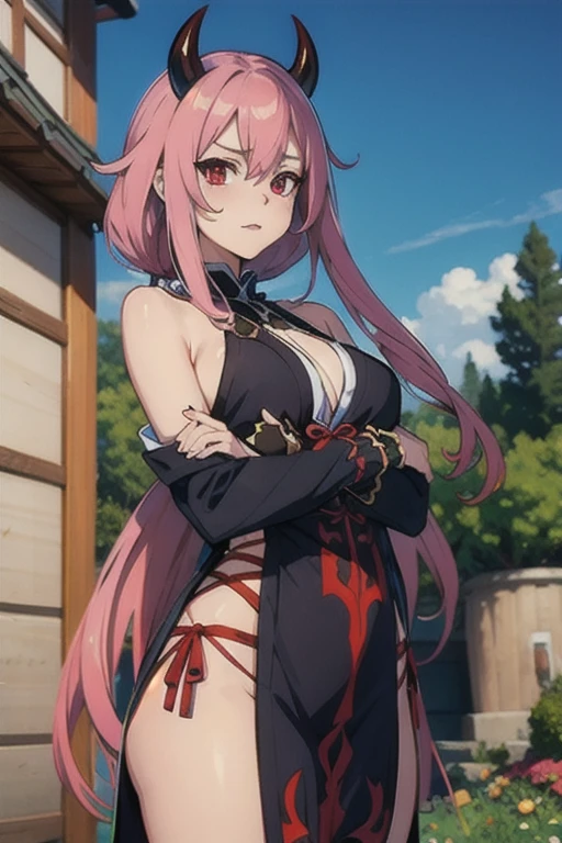 ((masutepiece, Best Quality, hight resolution, nffsw, Perfect Pixel, depth of fields, 4K, )), 1girl in, Solo, , Beautiful anime girl, Beautiful Art Style, Looking at Viewer, Perfect body, Yuigahama Yui, Short hair, single hair bun, pink hair, (large boob), Full face blush, Smile, thighs thighs thighs thighs, flame bikini, scarf, short shorts, sticks in hair, fingerless gloves, skull hairclip, yoko littner outfit, white background, sitting on floor, portrait shot, Focus,