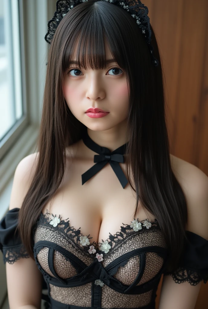 masterpiece, 8K, photorealistic, Raw photo, best quality, ultra high resolution, 1girl, solo, 12 year old female of Photorealistic anime girl, (Gothic ta Fashion, hair ribbon, see-through camisole, breastless clothes, corset, mini skirt, frills, side tie panties, black pantyhose, high heels), (cute), (little:1.3), (very beautiful face:1.5), (Beautiful face with perfect symmetry:1.2), (cute face:1.3), (natural breasts:1.3), (wonderful smile:1.3), (high detail skin:1.5), (perfect anatomy), (Beautiful Dark brown short tiered hair, V cut with layers and bangs:1.2), (Beautiful black eyes:1.3), (Soft atmosphere characteristics), ((perfect Pause)), (Face close-up:1.3), volume lighting, soft light, bright,