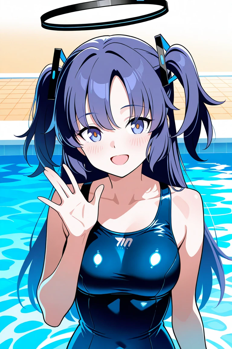 masterpiece,16k,8k,Delicate expression,highest quality,high resolution,High resolution,Sweat,1girl,look at viewer,evil smile,sweat stains,fish eye lens,close up face,summer,front face,from above,(pov:1.4),fisheye lens,upper body,show your oral,open mouth,long tongue out,show off armpits,sleeveless,pool