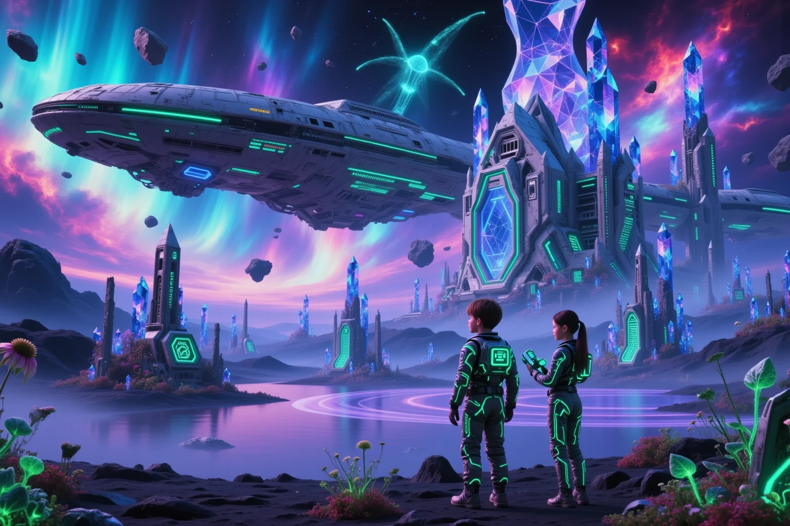 Envisioning a Cyberpunk Future,A handsome boy and a beautiful girl become brave space travelers。These young explorers are wearing high-tech suits,There is a complex circuit design inside,Glowing neon light。They stood together on an unknown alien planet,The scenery there is stunningly beautiful,Towering crystalline structures against a colorful nebula sky。The boy scans the horizon with a futuristic gadget in his hands,The girl is studying a strange plant with glowing leaves,This is the sign of this planet's bizarre biosphere。Their spaceship was parked far behind them.,It is a sleek structure made of metal and lights。