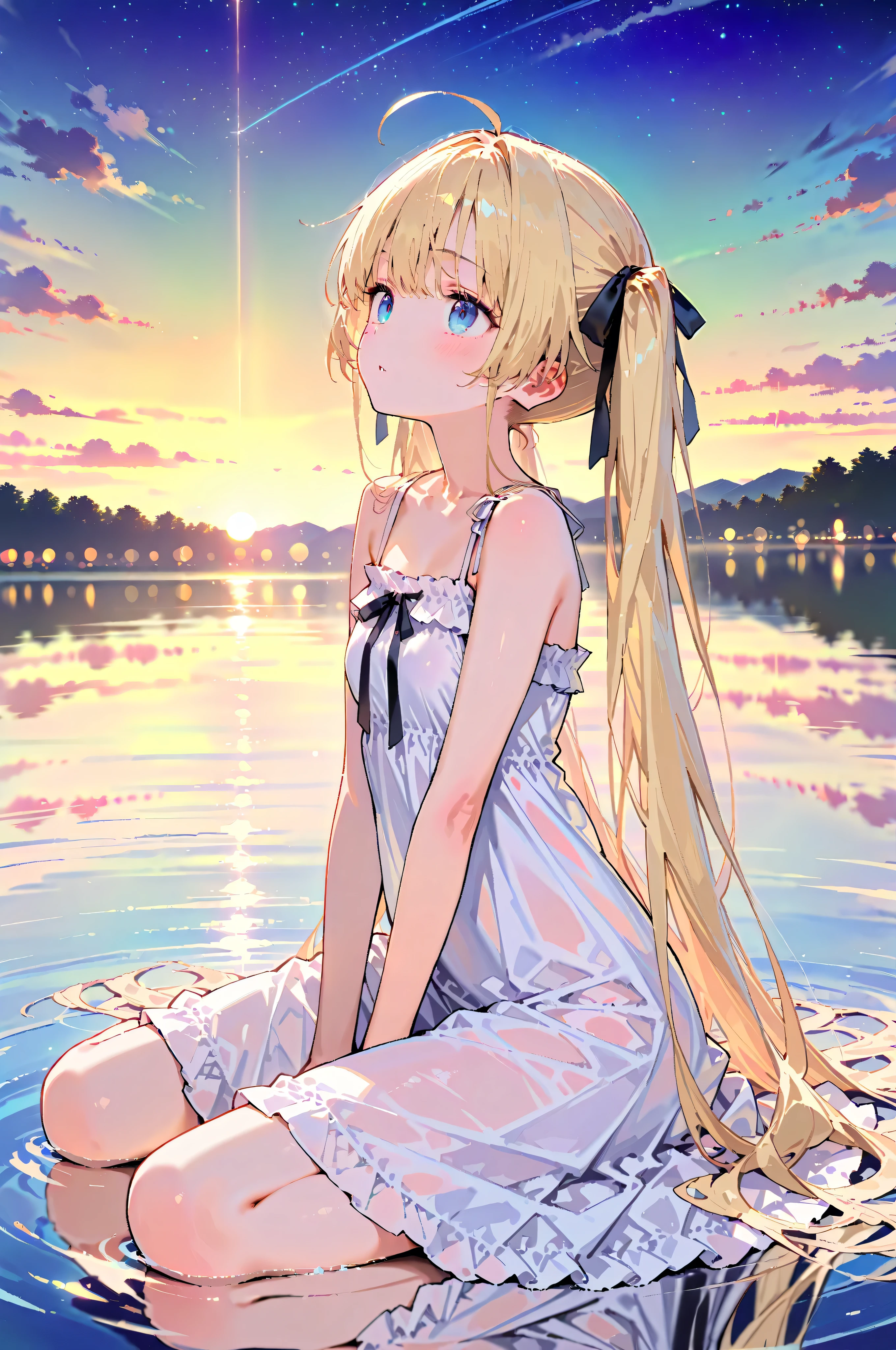 (masterpiece, best quality:1.4),
high_resolution,super_fine_illustration,detailed_skin,detailed_face,detailed_eyes,,
1 girl, twintails, long hair, blonde hair, blue eyes, black ribbon,
sundress, too many frills, wariza, look up,
lake, reflection, starry sky,
cinematic lighting, chromatic aberration, depth of field, bokeh,
masterpiece, best quality, very aesthetic, absurdres, ultra detailed, UHD, 8K, highly detailed, newest,
cetus,